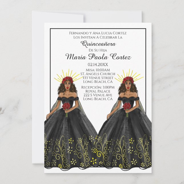 Black and Gold Spanish Quinceanera Invitation (Front)