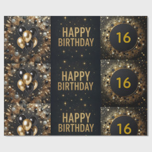 Black and Gold Sparkle Balloon Happy Birthday Wrapping Paper