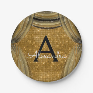 Black and Gold Sparkle Curtains Monogram Birthday Paper Plate