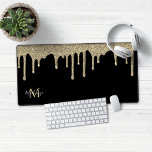 Black and Gold Sparkle Glitter Drips Monogram Desk Mat<br><div class="desc">Girly Gold Sparkle Glitter Drips Monogram Mouse Pad Desk Mat with our trendy faux glitter drips in chic gold on a modern black background. Please contact us at cedarandstring@gmail.com if you need assistance with the design or matching products.</div>