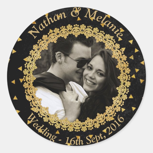Black and Gold Sparkles Classic Round Sticker (Front)