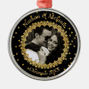 Black and Gold Sparkles Custom Photo Metal Tree Decoration