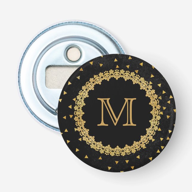 Black and Gold Sparkles Monogram Bottle Opener (Front)