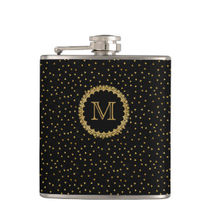 Black and Gold Sparkles Monogram Hip Flask