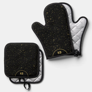Black and Gold Sparkles Monogram Oven Mitt & Pot Holder Set
