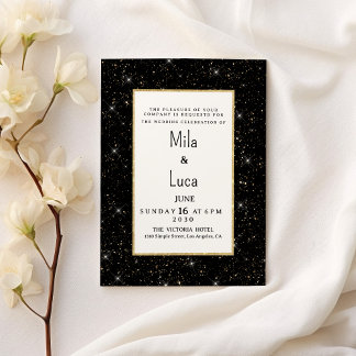 Black and gold sparkly glitter confetti Wedding  Invitation