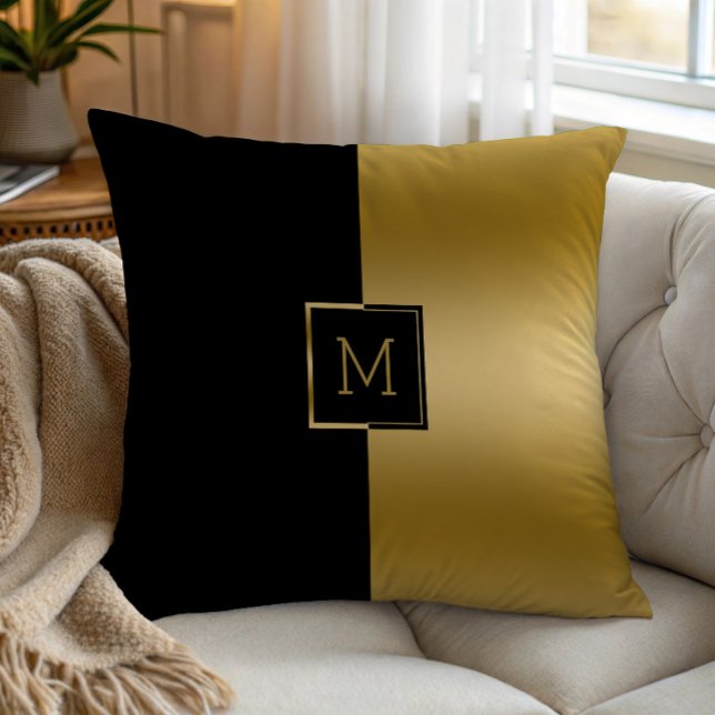 Black and gold split-screen geometric design cushion (Creator Uploaded)