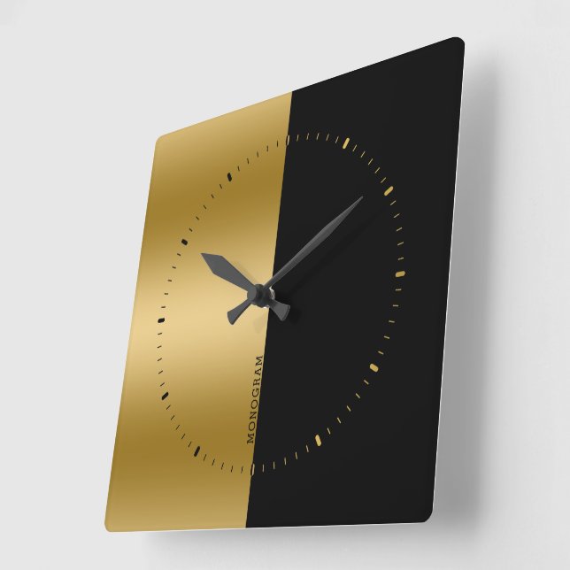Black and gold split-screen monogram square wall clock (Angle)