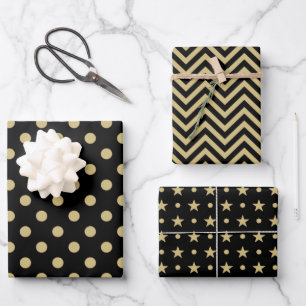 Black And Gold Spots ZigZag Stars Pattern Wrapping Paper Sheet