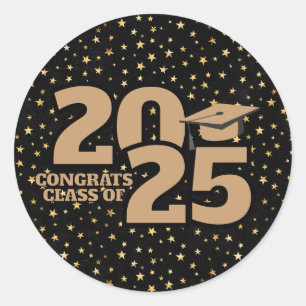 Black and Gold Stars 2025 Graduation Classic Round Sticker