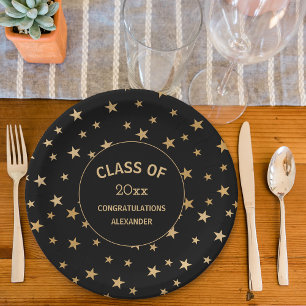 Black and Gold Stars graduation party Paper Plate