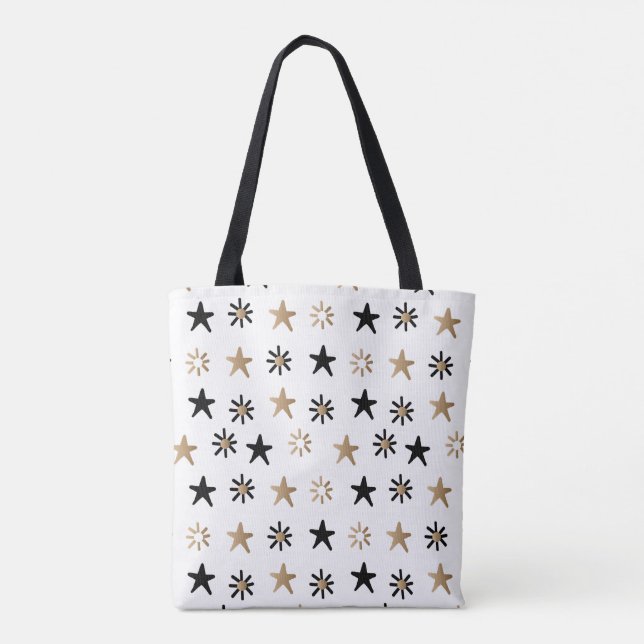 Black and Gold Stars Modern Trendy Boho Tote Bag (Back)