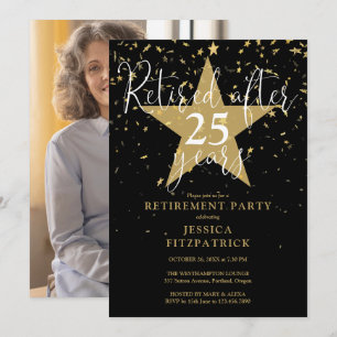 Black And Gold Stars Photo Retirement Party Invitation