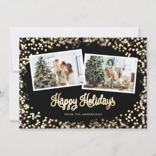 Black and Gold Stars Twinkle Lights Family Photo Holiday Card