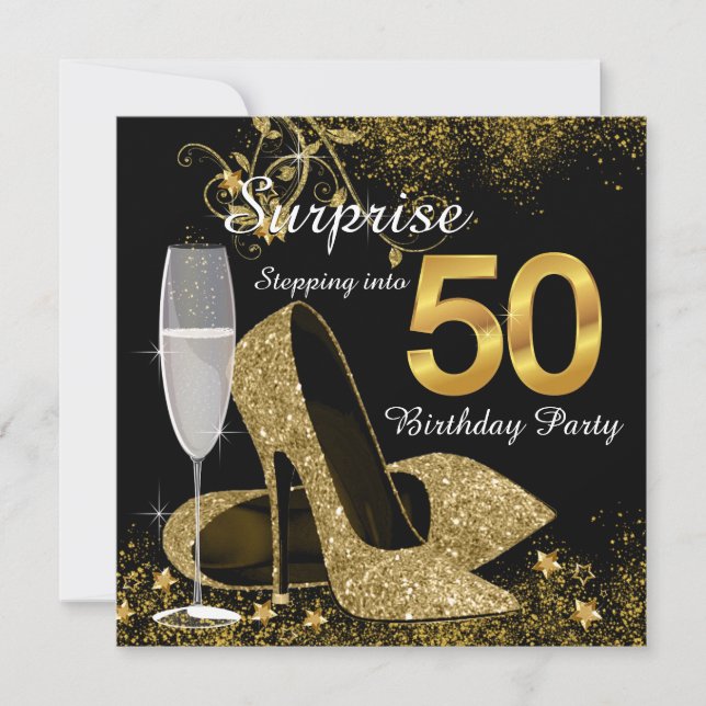 Black and Gold Stepping Into 50 Birthday Party Invitation (Front)