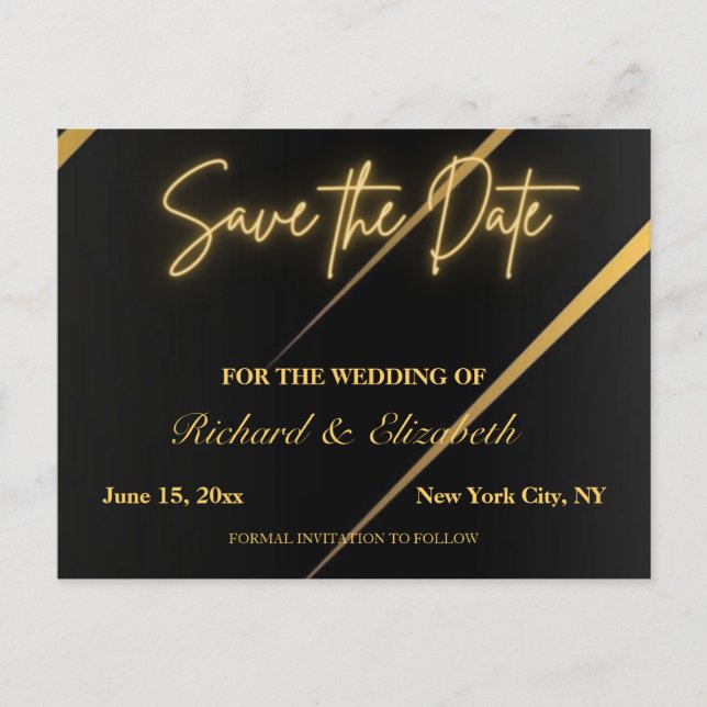 Black and Gold Streaks Save the Date Postcard (Front)