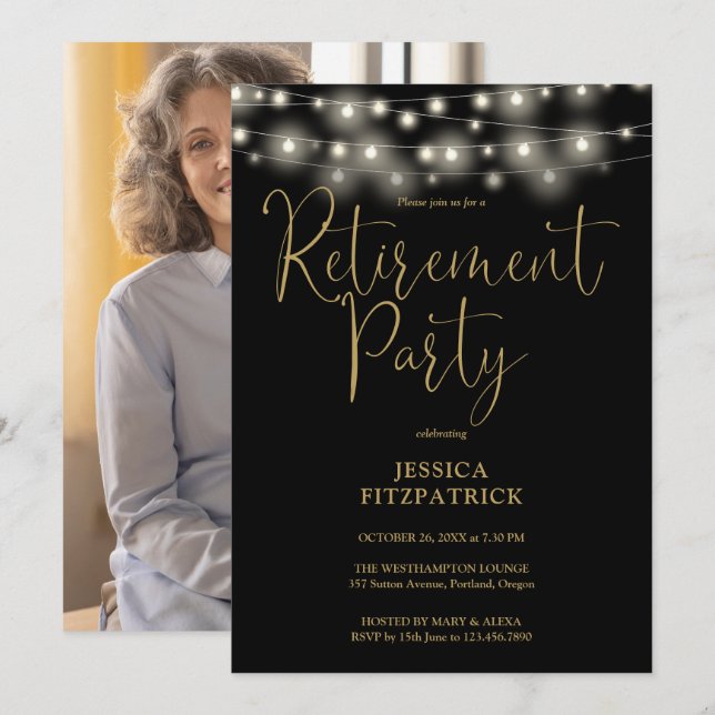 Black And Gold String Light Photo Retirement Party Invitation (Front/Back)