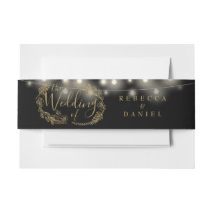 Black And Gold String Lights Floral Wedding Invitation Belly Band