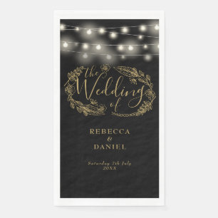 Black And Gold String Lights Floral Wedding Napkin