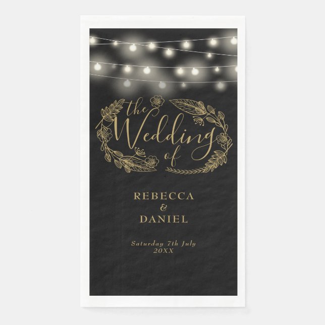Black And Gold String Lights Floral Wedding Napkin (Front)