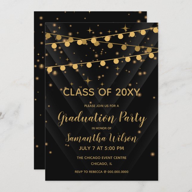 Black and Gold String Lights Graduation Party Invitation (Front/Back)