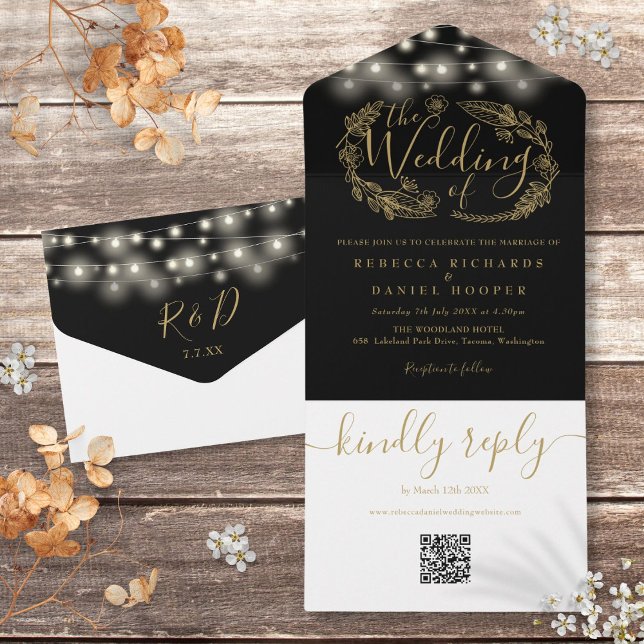 Black And Gold String Lights QR Code Wedding All In One Invitation (Black And Gold String Lights QR Code Wedding All In One Invitation)