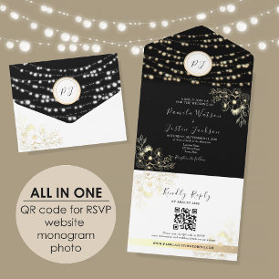 Black and Gold String Lights QR Photo Wedding All In One Invitation