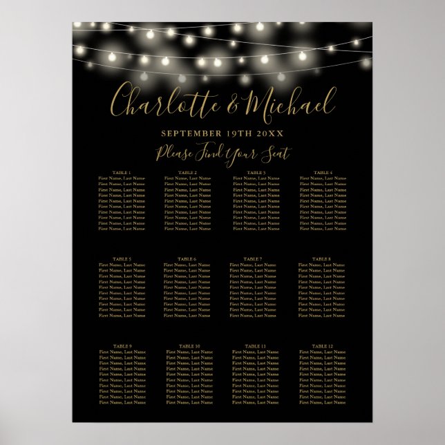 Black And Gold String Lights Wedding Seating Chart (Front)