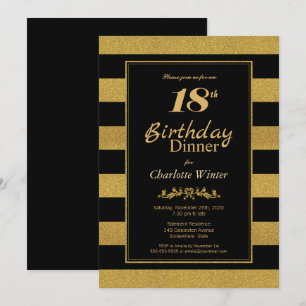 Black and Gold Striped 18th Birthday Dinner Invitation