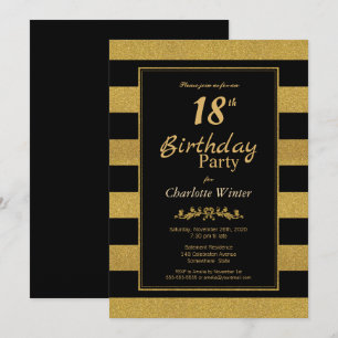 Black and Gold Striped 18th Birthday Party Invitation