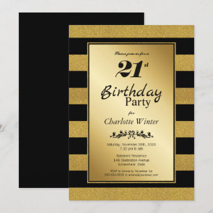Black and Gold Striped 21st Birthday Party Invitation