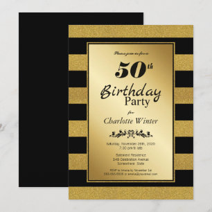Black and Gold Striped 50th Birthday Party Invitation