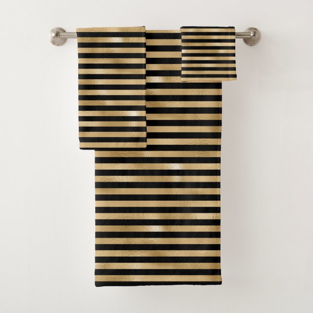 Black and Gold Striped Bathroom Towel Set (Insitu)