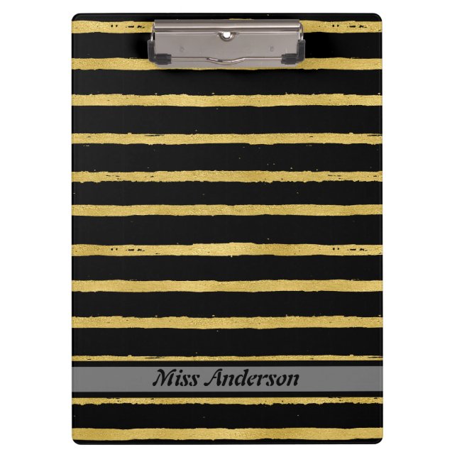  Black and Gold Striped Customisable Teacher's  Clipboard (Front)