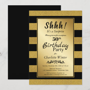 Black and Gold Striped Surprise 50th Birthday Invitation