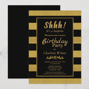 Black and Gold Striped Surprise Birthday Party Invitation