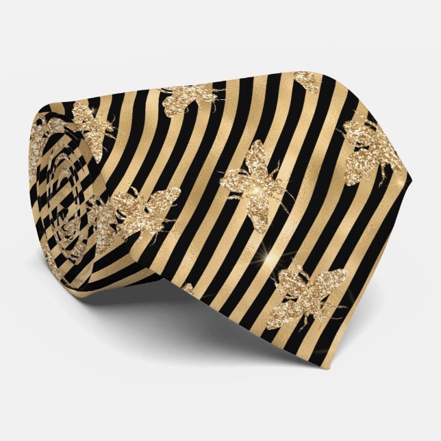 Black and Gold Striped with Gold Bees Tie (Rolled)