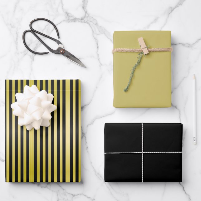 Black and Gold Striped  Wrapping Paper Sheet (Front)