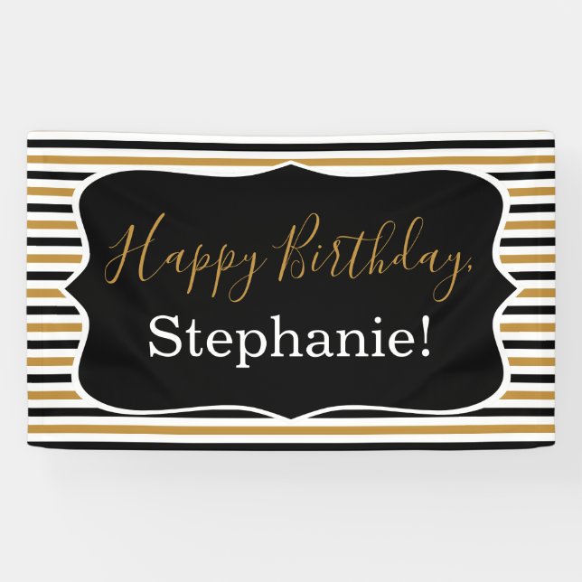 Black and Gold Stripes with White Birthday Party Banner (Horizontal)