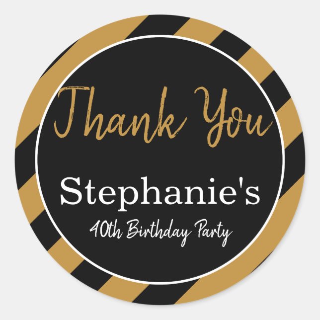 Black and Gold Stripes with White Birthday Party Classic Round Sticker (Front)