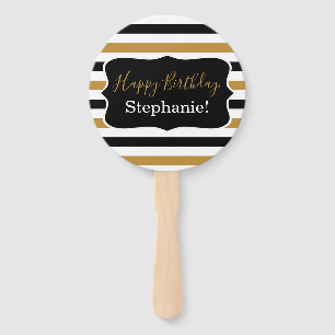 Black and Gold Stripes with White Birthday Party Hand Fan