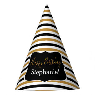 Black and Gold Stripes with White Birthday Party  Party Hat