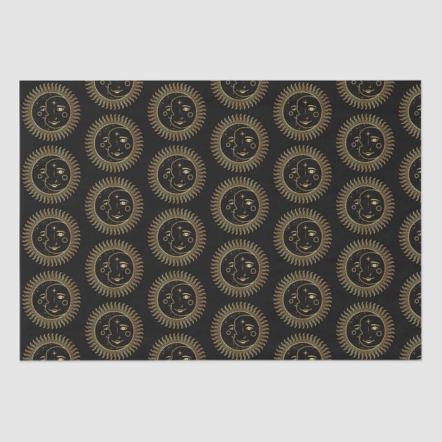 Black and Gold Sun & Moon Faces Tissue Paper (Front)