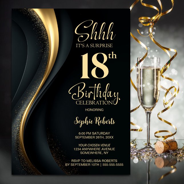 Black and Gold Surprise 18th Birthday Party Invitation (Creator Uploaded)