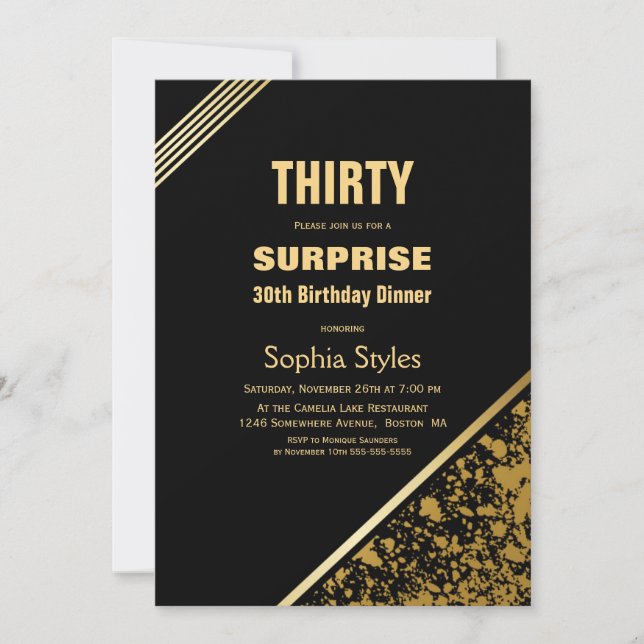 Black and Gold Surprise 30th Birthday Dinner Invitation (Front)