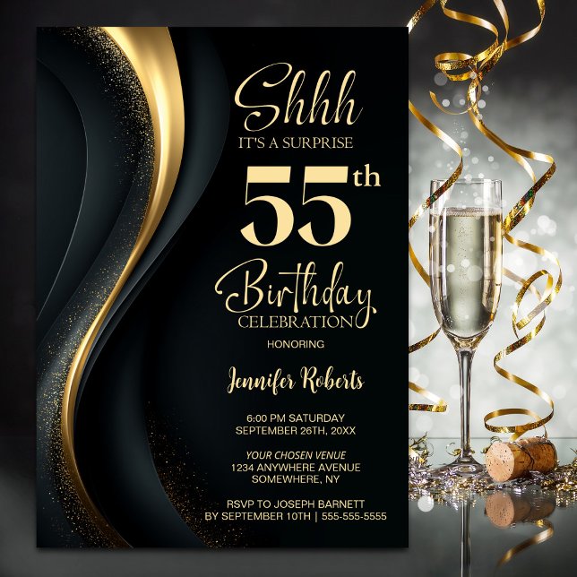 Black and Gold Surprise 55th Birthday Party Invitation (Creator Uploaded)