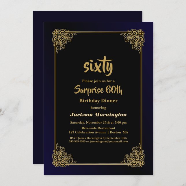 Black and Gold Surprise 60th Birthday Dinner Invitation (Front/Back)