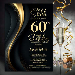 Black and Gold Surprise 60th Birthday Party Invitation