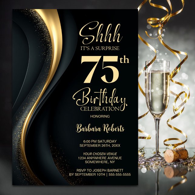 Black and Gold Surprise 75th Birthday Party Invitation (Creator Uploaded)
