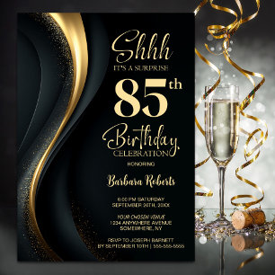 Black and Gold Surprise 85th Birthday Party Invitation